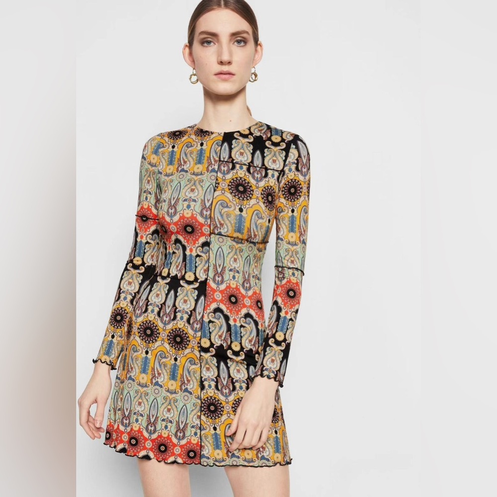 NWT Alice + Olivia Delora Patchwork Printed Long-Sleeve Mini Dress